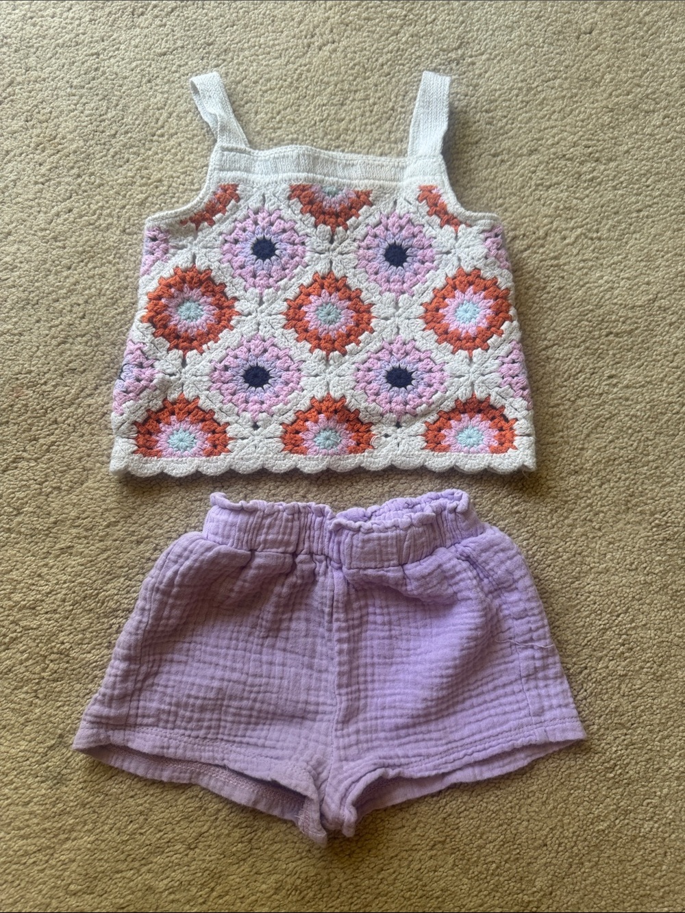 Rare Editions Baby Girl 12M Crochet Granny Square Top & Purple Shorts Set